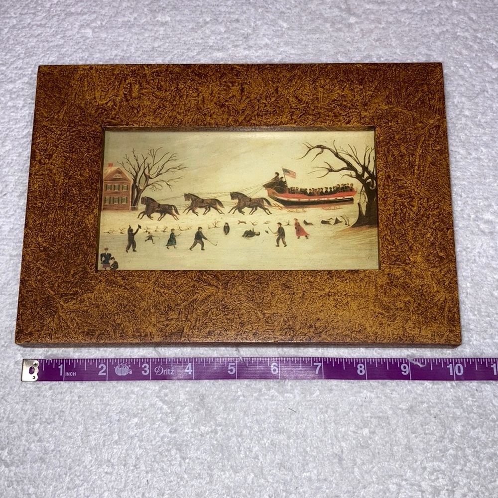 Early American framed print suffragettes sleigh ride on constitution 7x10
